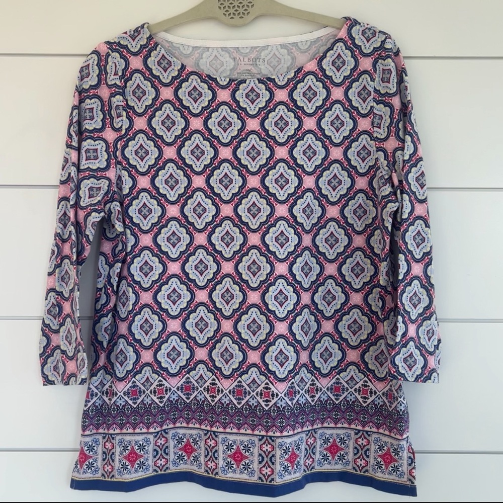 Talbots Women’s Medium Petite Blue Pink Geo Medallion Boho 3/4 Sleeve Knit Top